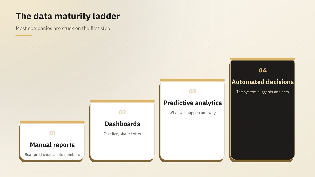 The data maturity ladder: manual reports, dashboards, predictive analytics, automated decisions